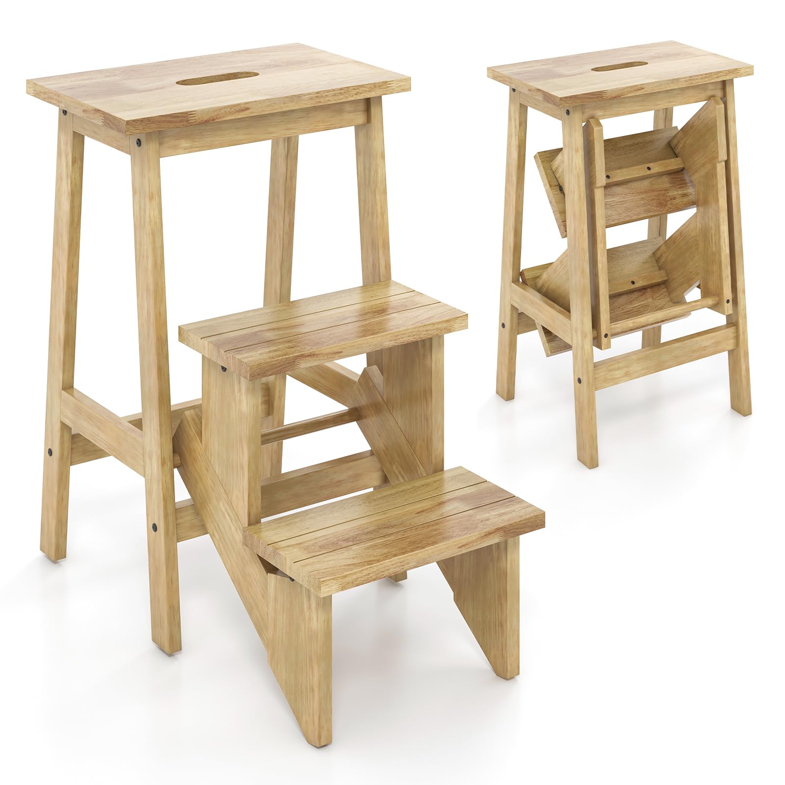 Costzon Folding 3 Step Stool, 3 in 1 Wooden Step Ladder with Handle, Non-Slip Pedal, Multifunctional Storage Shelf, Flower Rack for Kitchen, Library, Garage, Foldable Step Stool for Adults Kids