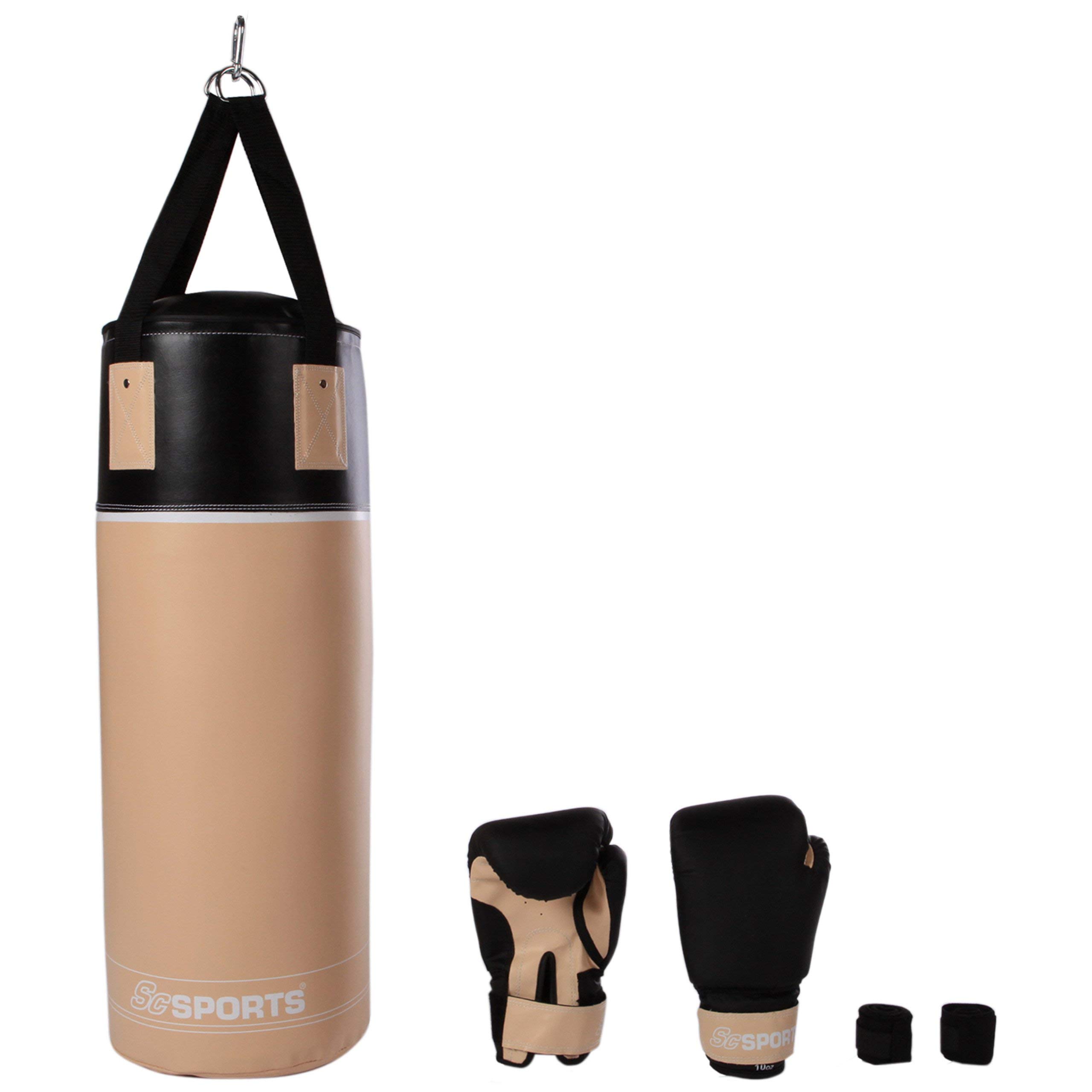 ScSPORTS Boxsack-Set, für Jugendliche und Kinder, Box-Set mit Boxhandschuhen, Boxbandagen und Tasche, 12 kg, beige/schwarz