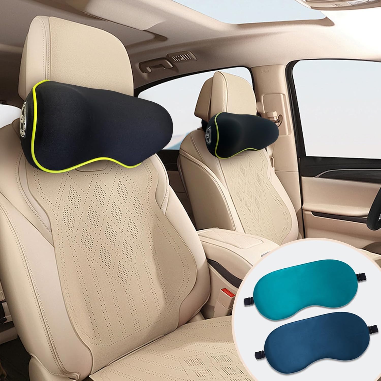 SPRFUFLY Really Chic Car Headrest Pillow, Car Pillow for Driving with Adjustable Strap, 100% Memory Foam Neck Pillow, Ergonomic Design - 2 Pack Car Neck Pillow(Includes 2 Eye Masks, Yellow Side Rope) - Image 8