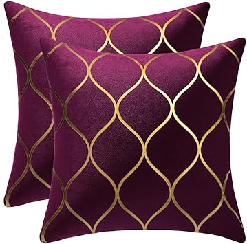 DEZENE Gold Velvet Throw Pillow Covers Purple: 2 Pack 18x18 Inch Square Decorative Pillow Cases for Bedroom Sofa Couch Living Room