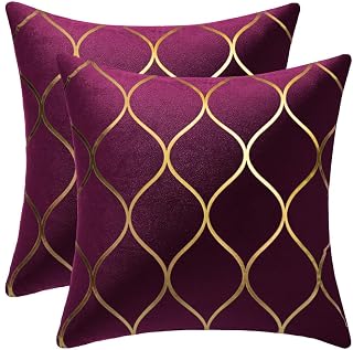 DEZENE Gold Velvet Throw Pillow Covers Purple: 2 Pack 20x20 Inch Square Decorative Pillow Cases for Bedroom Sofa Couch Living Room