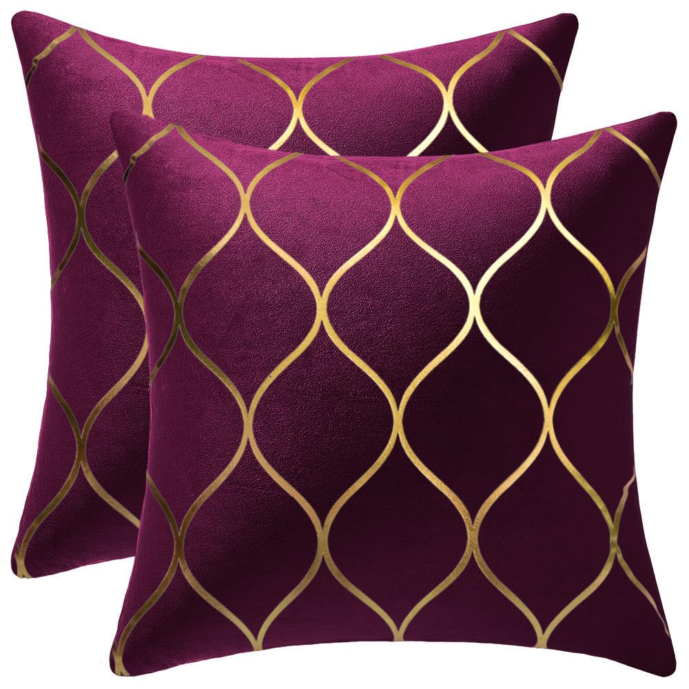 DEZENE Gold Velvet Euro Sham Pillow Covers Purple 2 Pack 26x26 Inch Square Decorative Pillow Cases for Bedroom