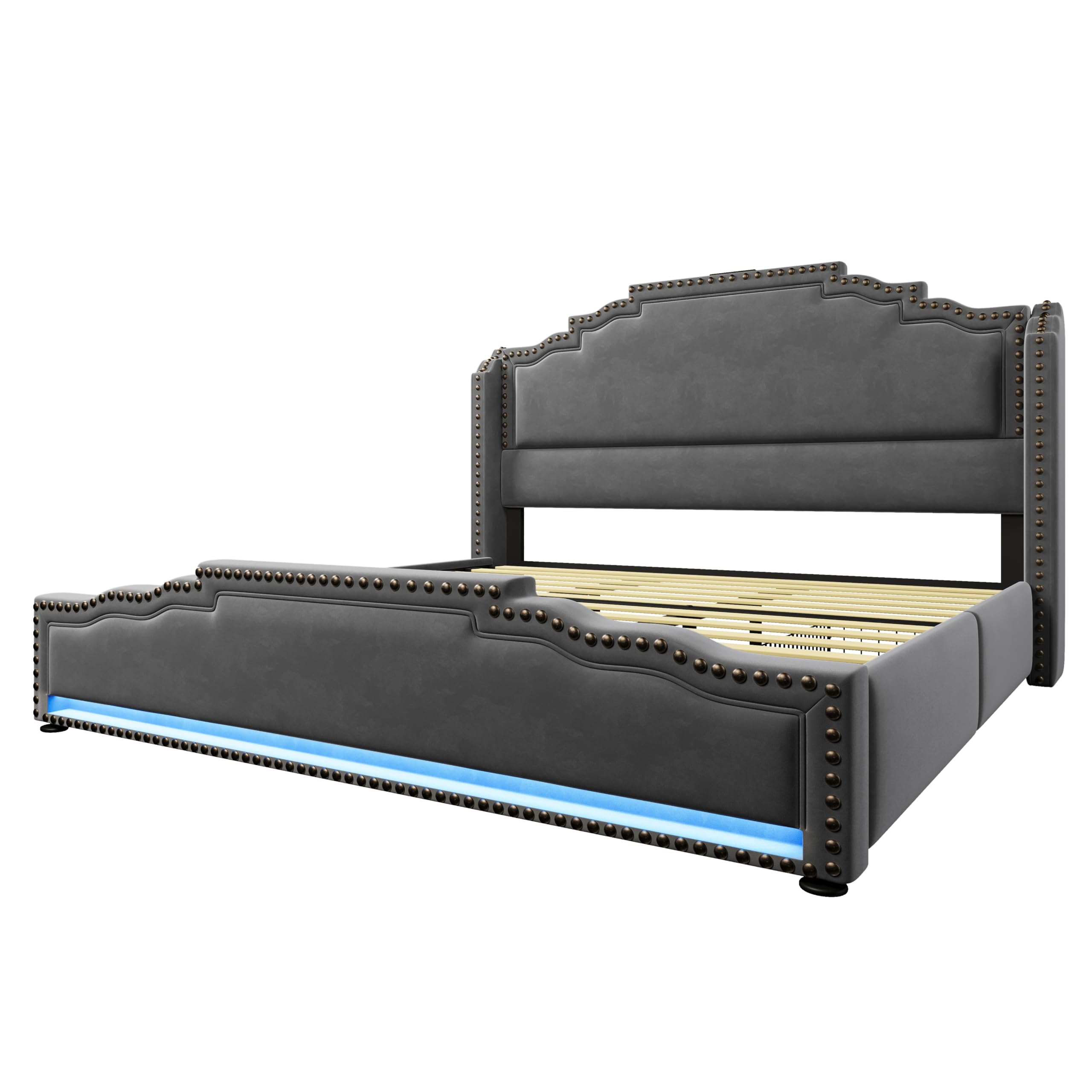 Rtopsu Letto Matrimoniale 180x200 cm con Luce LED e USB-C, Letti Matrimoniali con 4 Contenitore Cassetti e Testata, Letti con Rete a Doghe e Telaio in Metallo, Grigio, Velluto, Senza Materasso