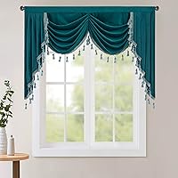 Vista 41 de StangH Cortinas decorativas de lujo, cenefa azul con bloqueo de luz, cenefa festoneada para ventana pequeña con bolsillo sólido para barra, cortina