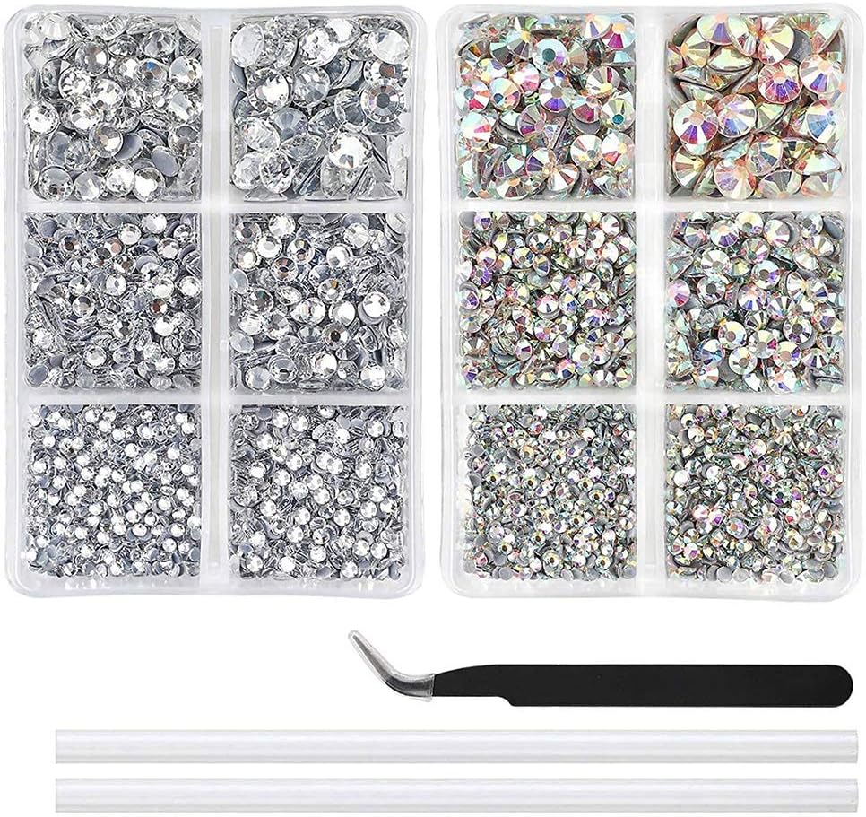 5040pcs AB Crystal and Clear Hotfix Rhinestones Set - 6 Mixed Size Flatback Crystal for Crafts, Round Glass Gems With Tweezers and Picking Pen, 2-6.5mm