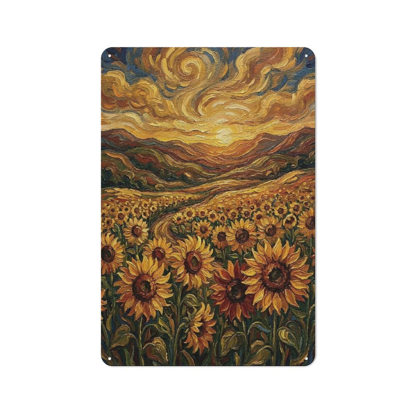 Junmoney Style Tin Sign 30X20cm With Sunflower Field At Sunset Painting For Garage Wall, Rustic Decor, For Kitchen, Dining Room And Home Bar Wall Decor