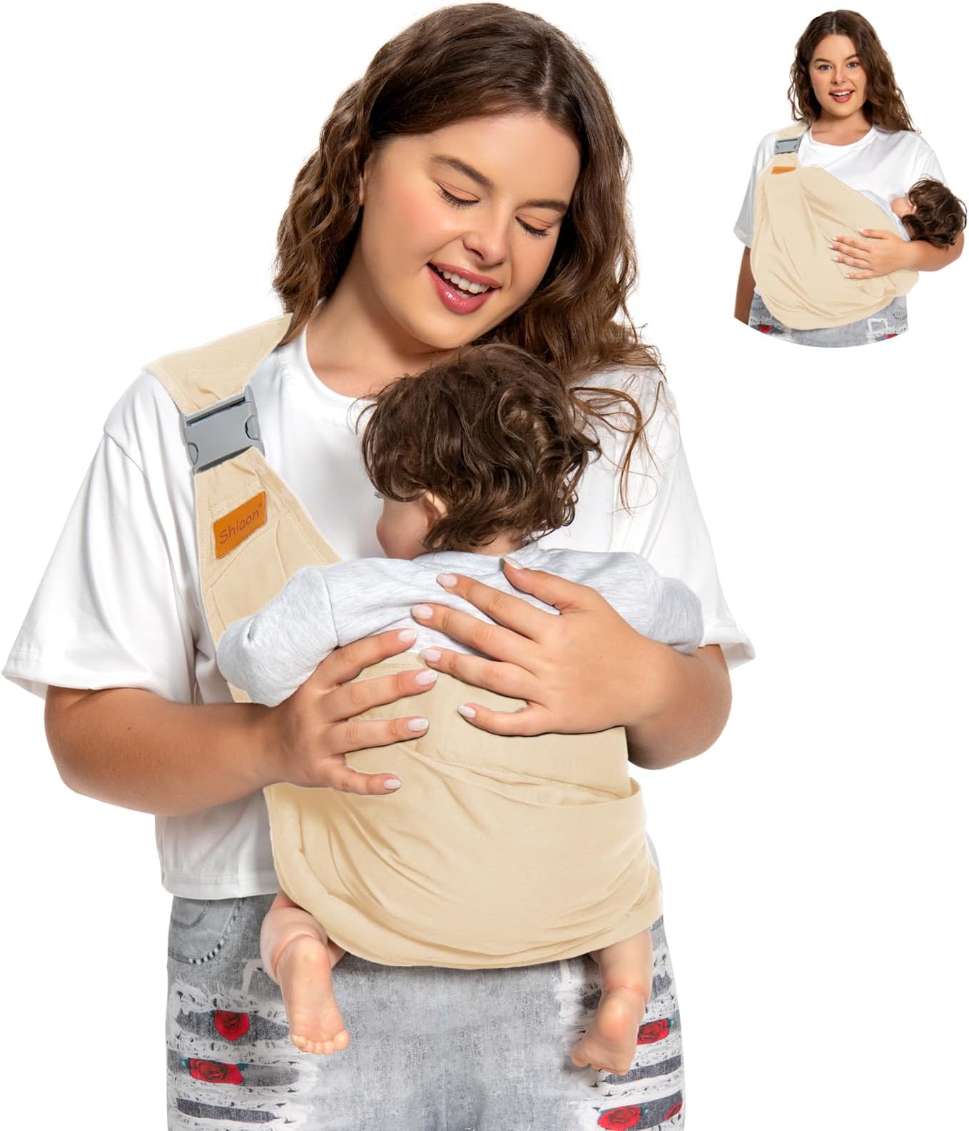 Shiaon Baby Carrier for Newborn to Toddler (7-45 lbs), Baby Carrier with Safety Buckle, One Shoulder Adjustable Shoulder Strap, One Size, Beige