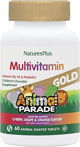 Miniatura 9 de NaturesPlus Animal Parade Gold Multivitamínico para niños, surtido de sabores de cereza, naranja y uva, 120 tabletas masticables en forma de animal,