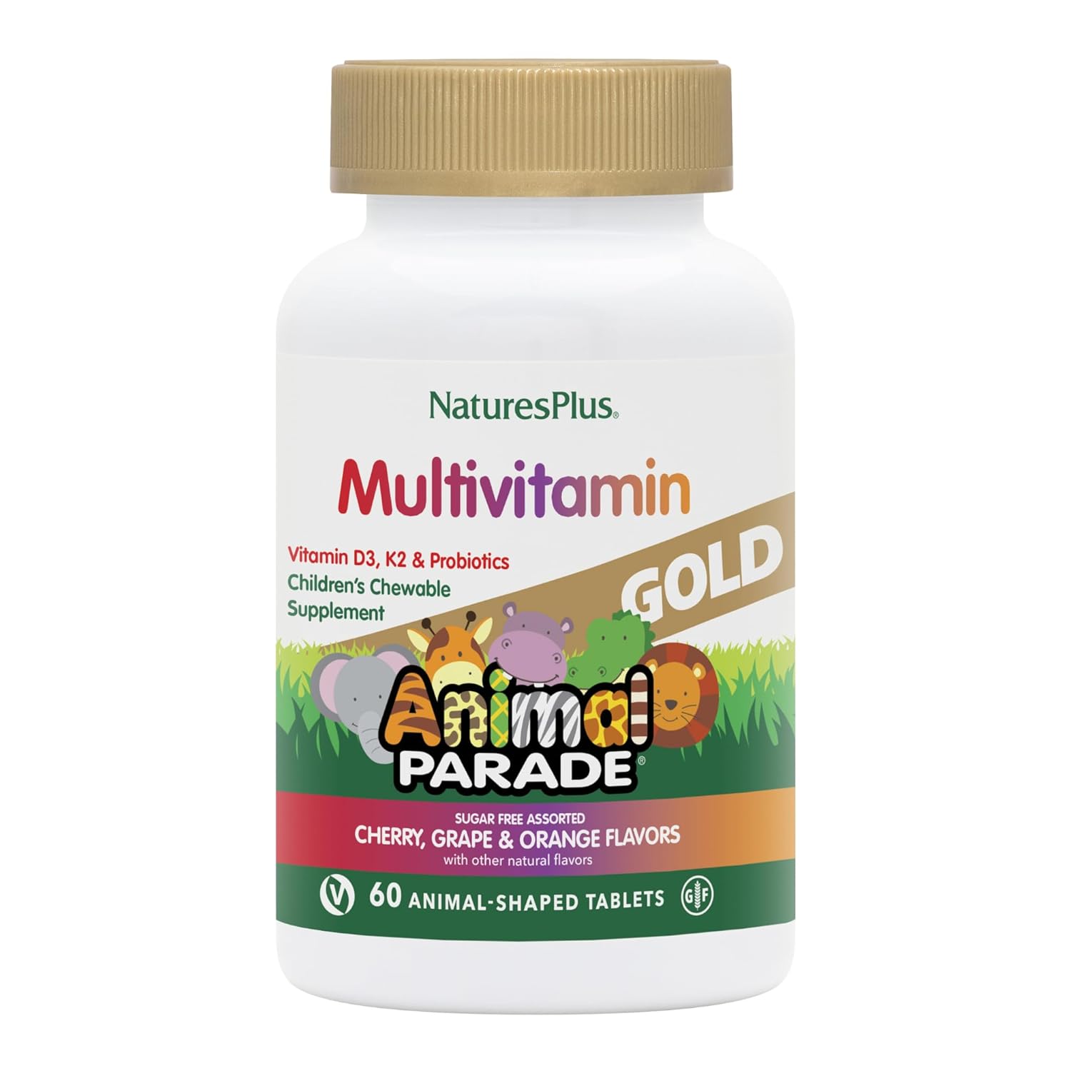 Multivitamínico Infantil Natures Plus Animal Parade Source of Life Gold - Frutas Sortidas - 60 Comprimidos Mastigáveis - Vegetariano e Sem Glúten - Ideal para Crianças