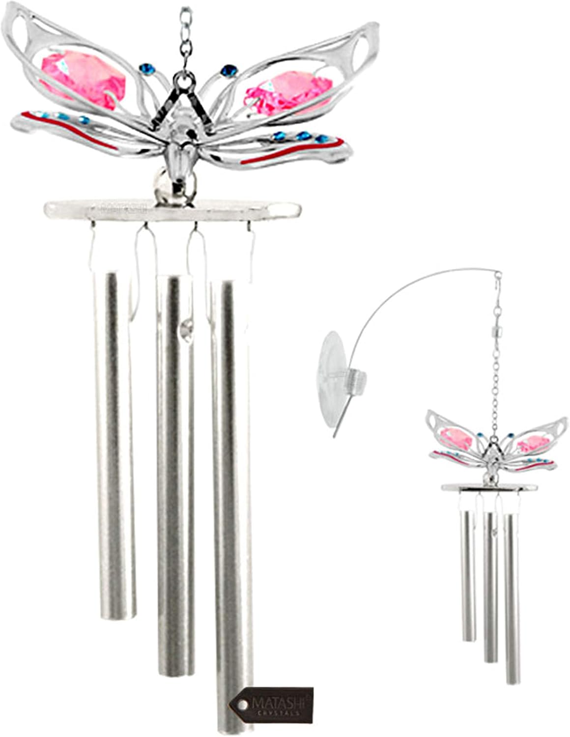 Matashi Chrome Plated Silver Color Butterfly Decorative Wind Chime with Crystals Hanging Ornaments Love Gift for Valentine's Day Birthday Mother's Day Christmas Anniversary Home Decor