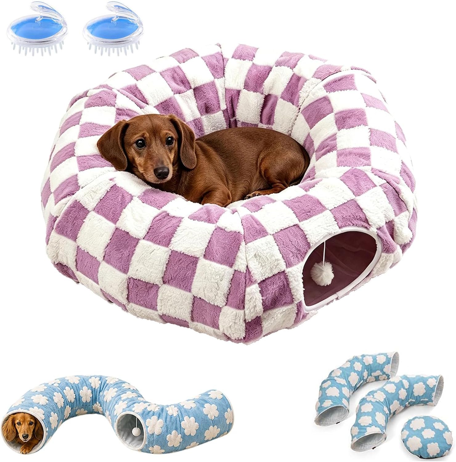 Dachshund Tunnel Bed, 3 in 1 Foldable Plush Burrow Pet Cave,Purple