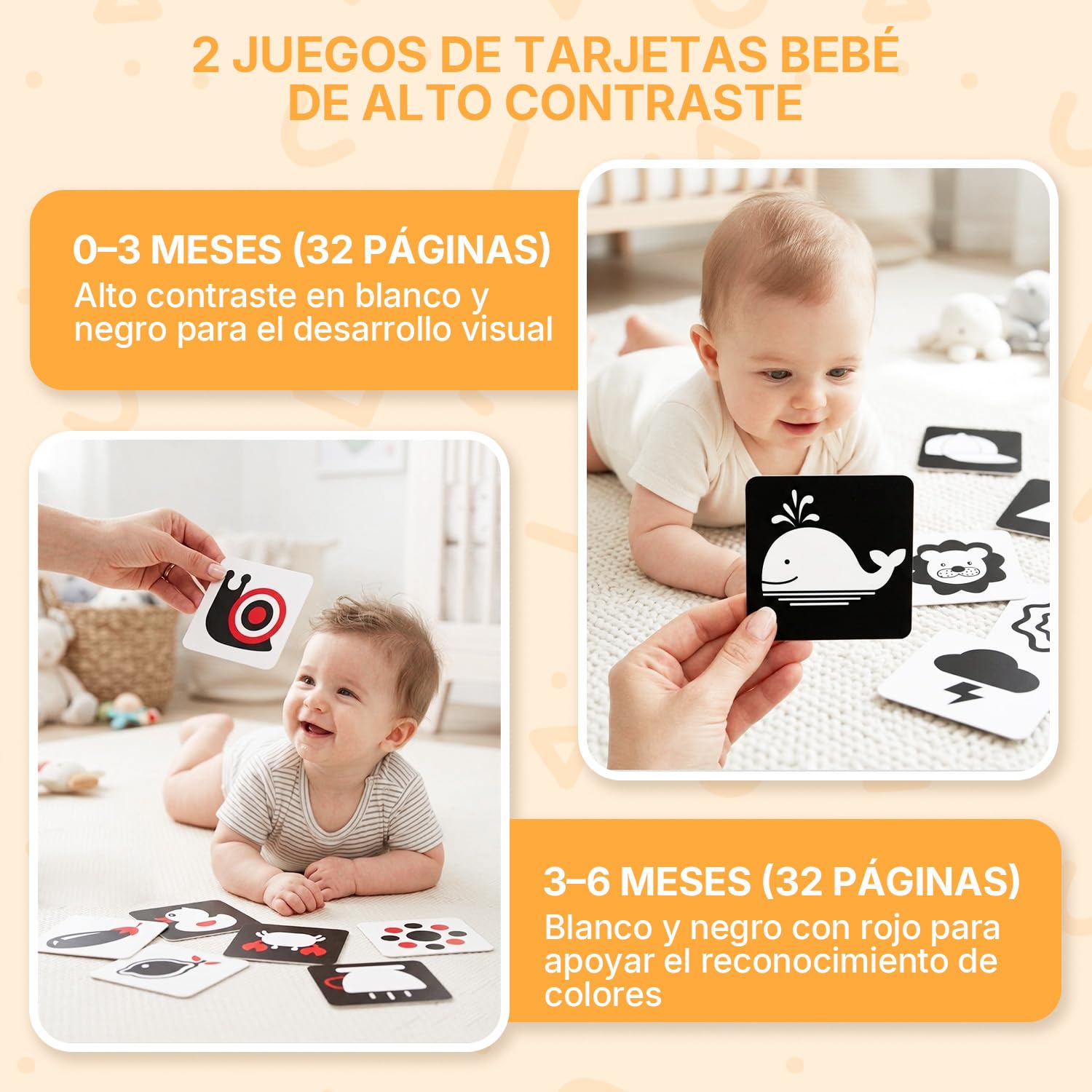JoyCat Juguetes Bebés 0 3 6 Meses, 6 en 1 Juguetes Sensorial con Tarjetas Blanco y Negro, Libro de Tela, Sonajeros, Mordedor, Tummy Time Estimulacion Bebe 0-6 Meses Regalo Bebe Recien Nacido Niño