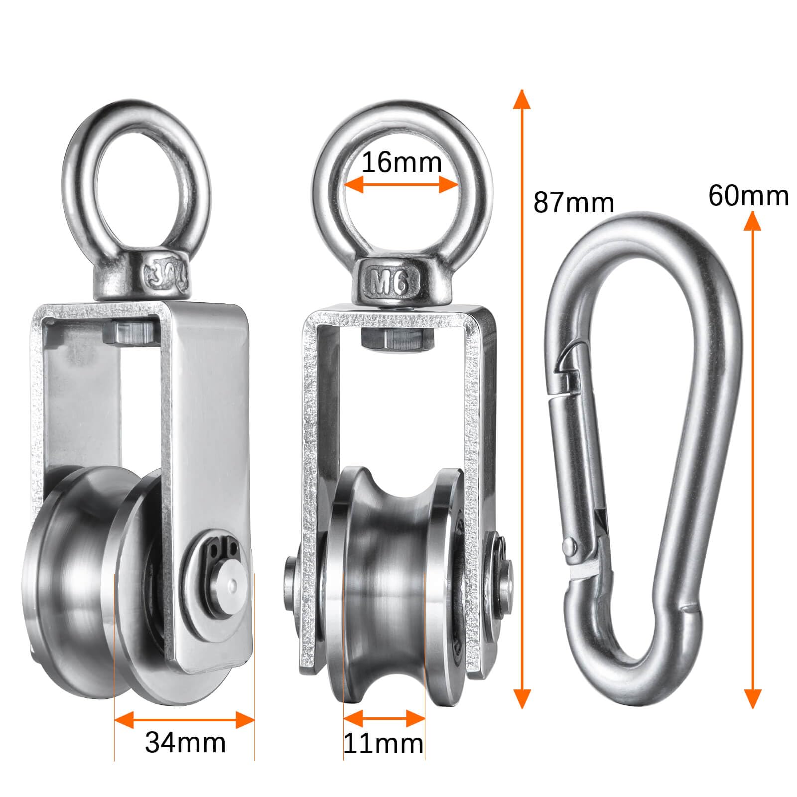 2 poleas con mosquetón, cojinete interior, acero inoxidable, polea para sistema de polea