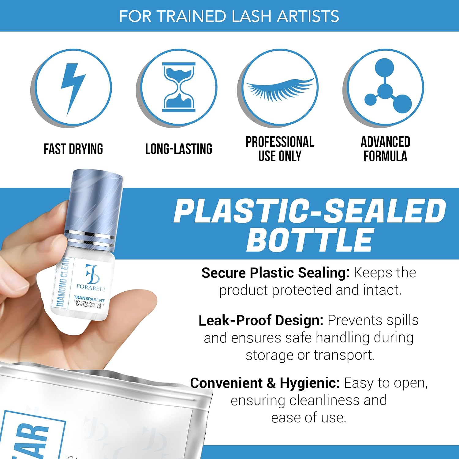 FORABELI Diamond Clear Eyelash Extension Glue | Transparent Lash Adhesive | 1-2 Second Fast Dry | 6 Weeks Retention | for Colored & Brown Lashes | Clear, 5ml