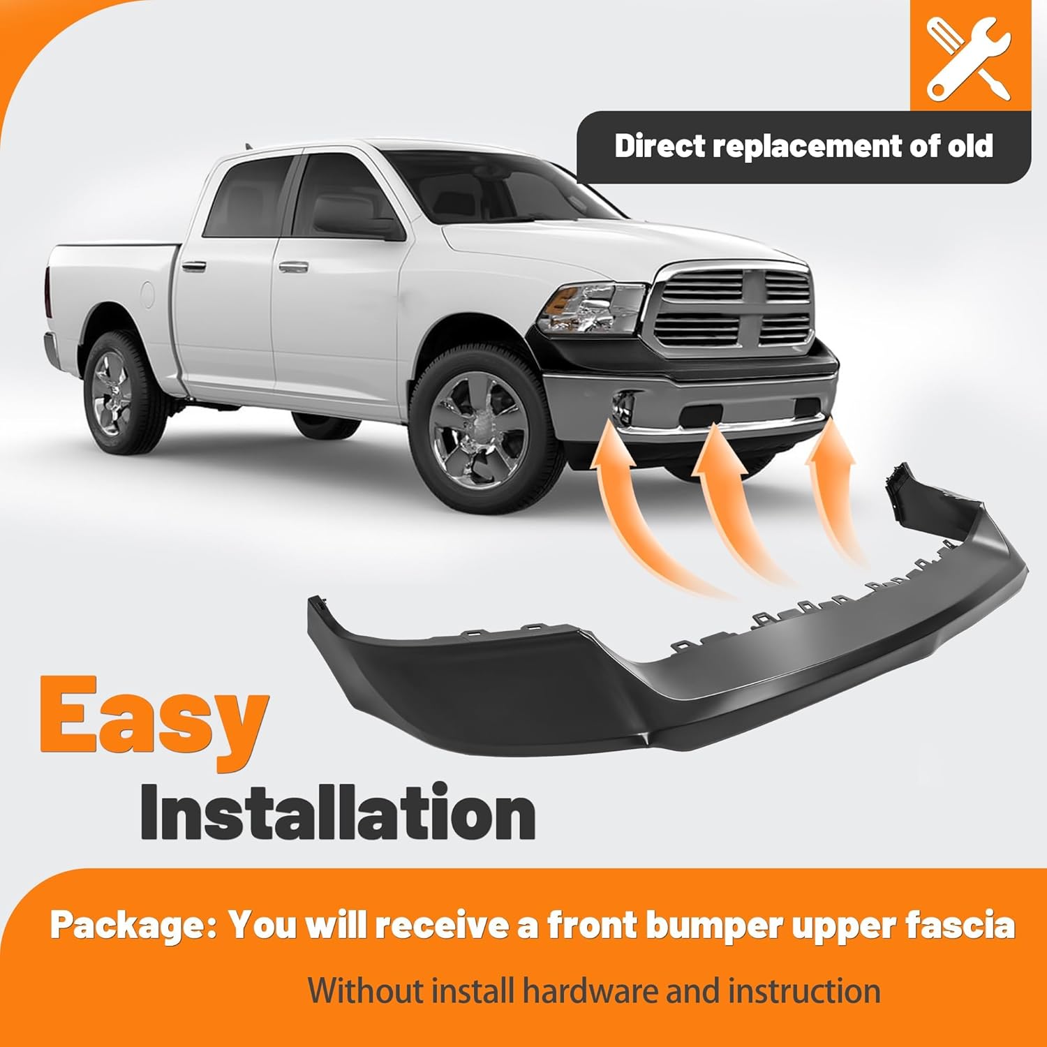 KUAFU Front Bumper Cover Top Pad Compatible with 2013-2018 Ram 1500, 2019-2024 Ram 1500 Classic,Primed,W/O Fog Light & Sensor Hole,Front Upper Bumper Cover Replacement for 68197697AA CH1014108