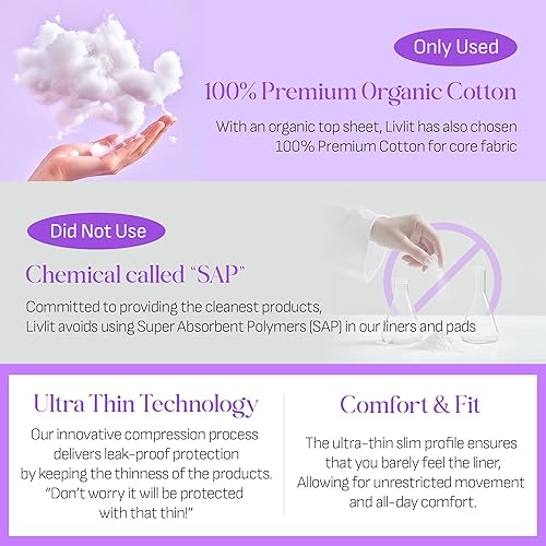 Miniatura 4 de Livlit Almohadillas sanitarias superlargas, 100% algodón orgánico de Texas, gran absorción, potente protección contra fugas, sin perfume,