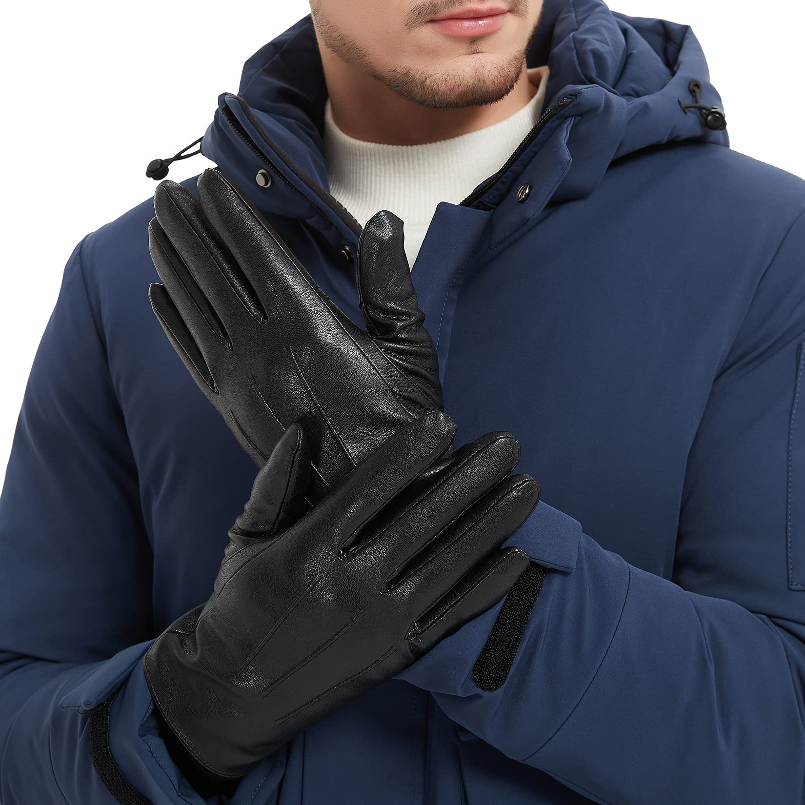 Novbject Men's Black Leather Driving Gloves Full Touchscreen Winter Warm Gloves Fleece Lining, M