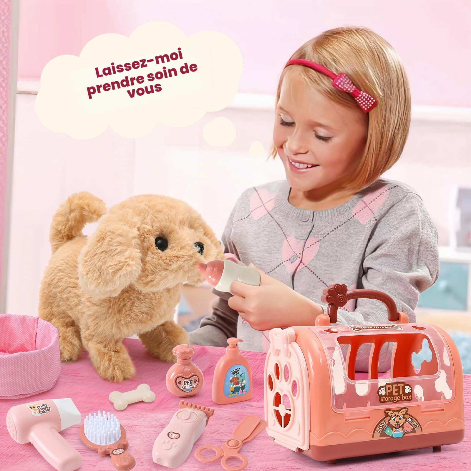 G.C Électrique Chien Jouet Enfant Peluche Chien Qui Marche Aboie et Secouer Queue avec Cage Laisse, Chien Interactif Jouet Toilettage Jeu de Rôle Cadeau Fille Jouet 3 4 5 6 Ans