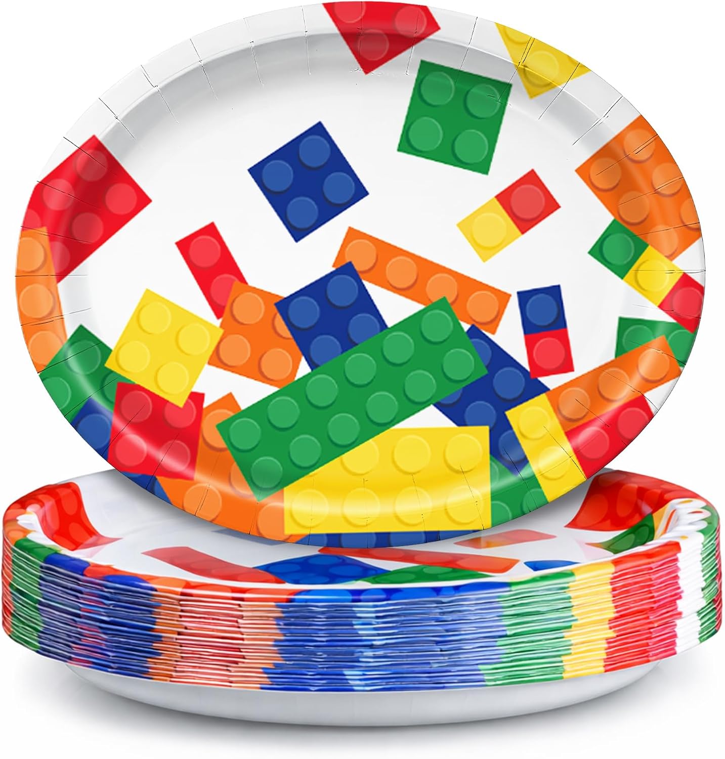 Funnymoom 50 Pcs Building Blocks Oval Paper Plates Large 11" Disposable Playing Gathering Plates Decorations Colorful Building Blocks Platter for Dinner Birthday Tableware Baby Shower Party Supplies
