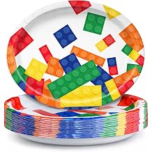 Funnymoom 50 Pcs Building Blocks Oval Paper Plates Large 11" Disposable Playing Gathering Plates Decorations Colorful Building Blocks Platter for Dinner Birthday Tableware Baby Shower Party Supplies
