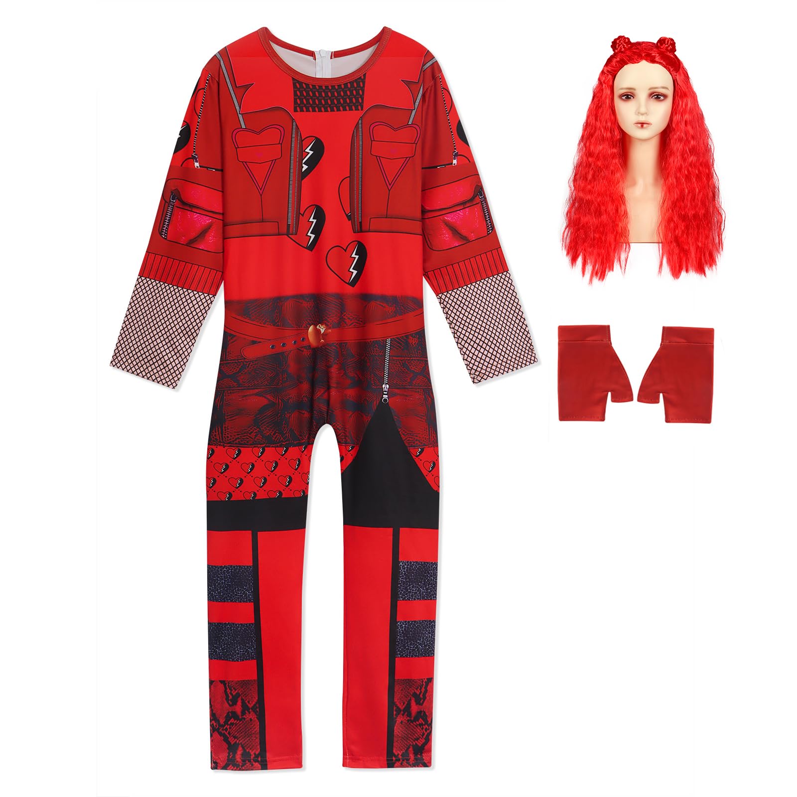 Berich Girls Dressing Up with Wig Gloves Red Jumpsuit Set Princess Costumes for Girls Halloween World Book Day Costumes for Kids Christmas Red Role Play Outfit Princess Clothing 9-10 Years,150