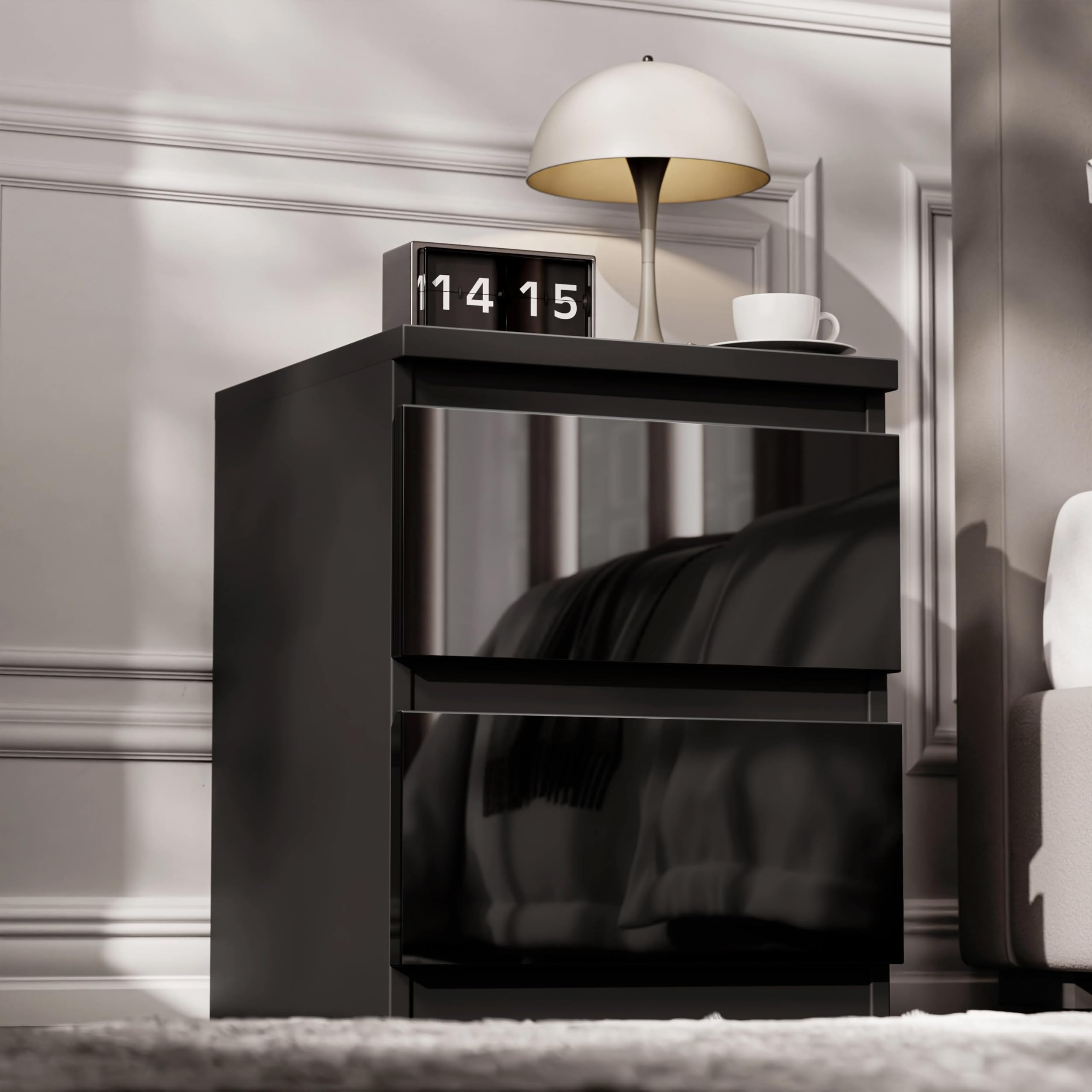 Blisswood High Gloss Chest of Drawer, 2 Drawer Bedroom Chest of Drawer Bedside Table Cabinet for Bedroom Living room Furniture, Black, 42W x 40D x 55H cm