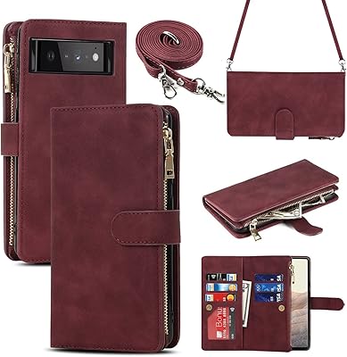 iCoverCase for Google Pixel 6 Wallet Case with Card Holder, Kickstand Feature PU Leather Case with Adjustable Crossbody Lanyard Magnetic Clasp Zipper Pocket Flip Cover (Claret)