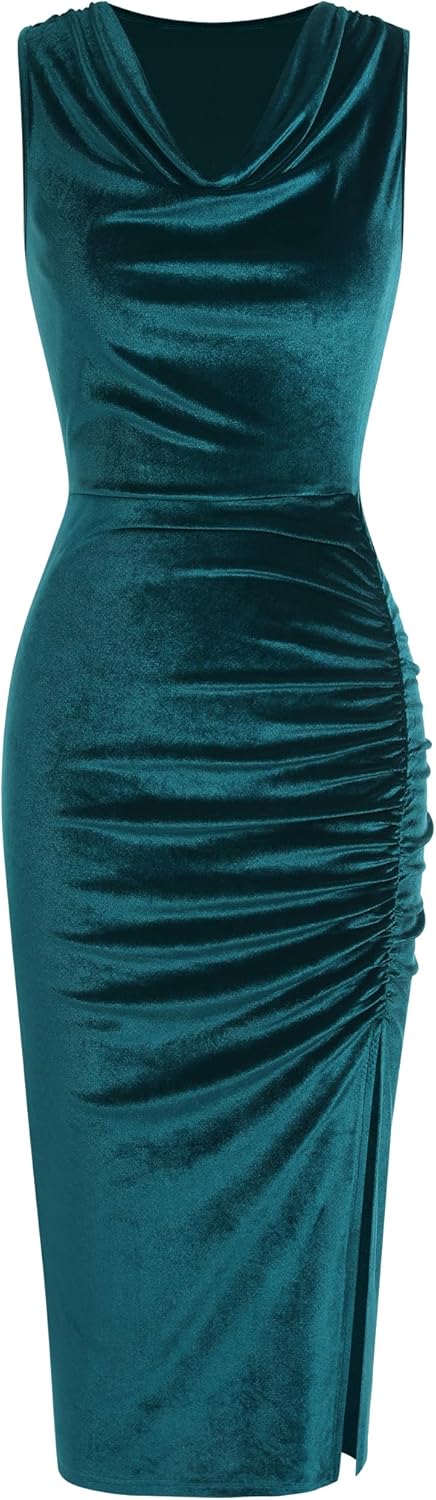 ZAFUL Women's Velvet Wedding Guest Dress Cowl Neck Sleeveless Cocktail Dresses Split Ruched Bodycon Dress