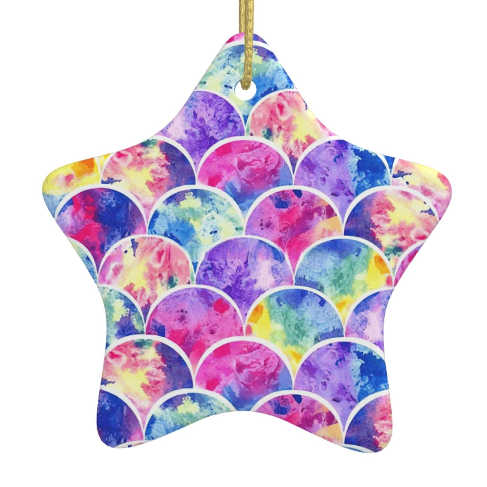 Nbtghga White Beautiful Rainbow Colors Mermaid Print Christmas Ornaments, Ceramic Hanging Ornament, Round Shape Decorations
