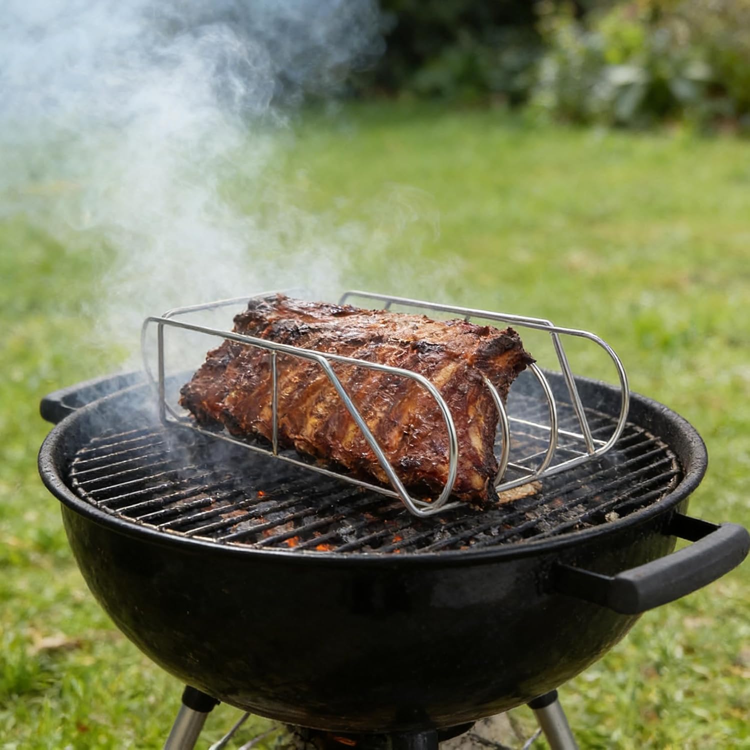 Extra Long 304 Stainless Steel Rib Rack for 18” or Larger Grills and Smokers, Holds up to 3 Full Racks of Ribs, BBQ Accessories for Kamado, Weber, Big Green Eggs, Pit Boss, Traeger