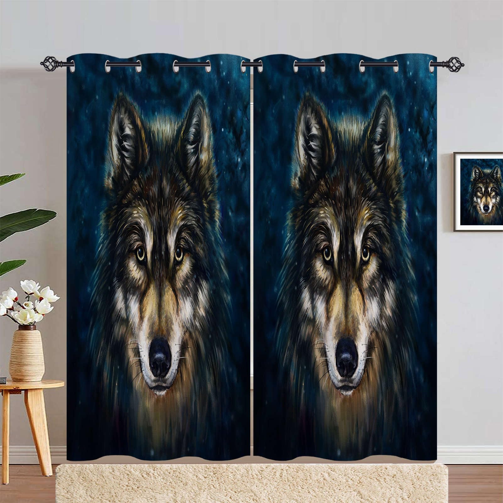 ANHOPE Wolf Curtains Eyelet Blackout Room Darkening Curtains Watercolor Wolf Head Print Pattern Light Blocking Window Drapes for Bedroom Living Room 66 x 72 Inch Drop 2 Panels — image 1