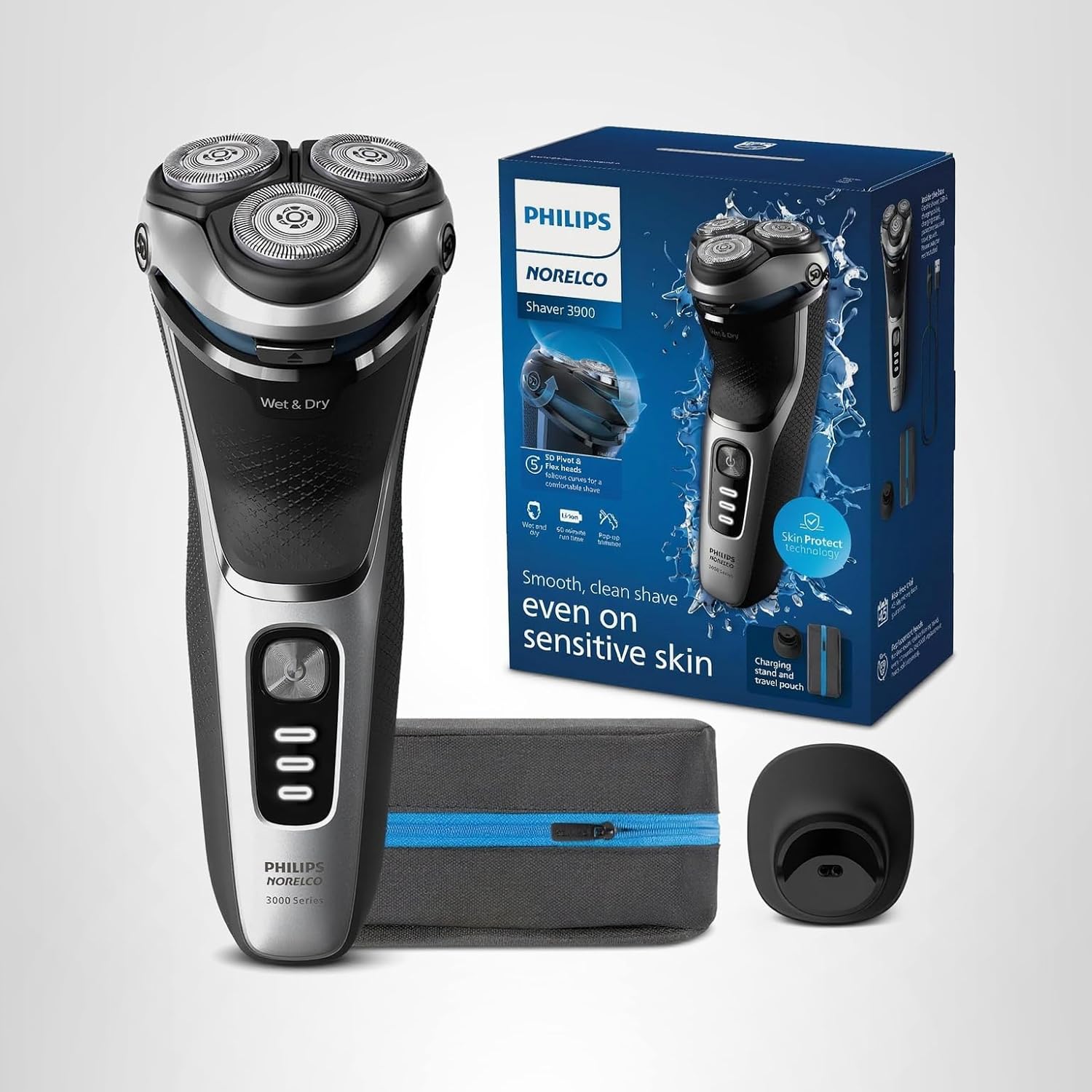 Philips Norelco Shaver 3900 Series, Wet and Dry Electric Shaver, P-Cap, Travel Pouch, Charging Stand, Storm Blue, Model S3341/92