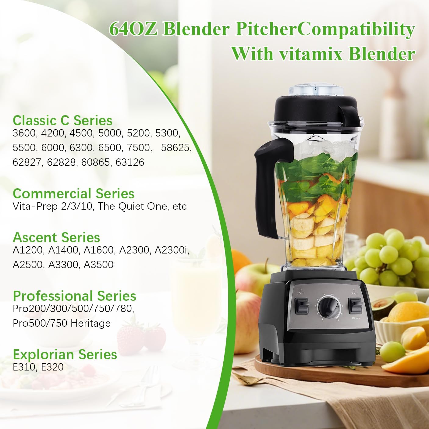 Blender Pitcher 64oz Replacement Compatible with Vitamix 5200 5000 5300 6300 7500 Pro200 750 VM0101 VM0102 VM0103 E310 E320 Commercial Blender Pitcher Cup Parts