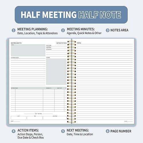 Miniatura 8 de SUNEE Half Meeting Half Note - 8.5"x11" Professional Notebooks for Work - 160 Pages, A4 Size Project Planner, Spiral Meeting AgendaMinutes Organizer