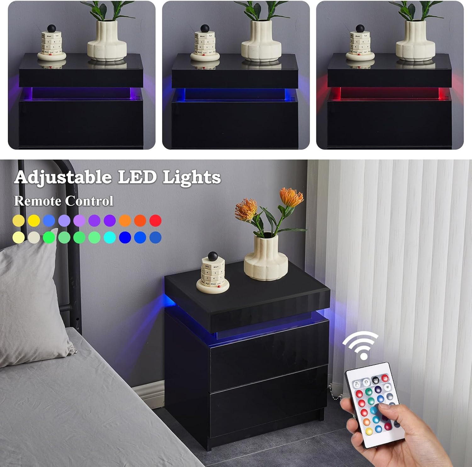 TUKAILAi Modern Nightstand with LED Light, Smart Bedside Table with 2 Drawers and Flip Top Storage Cabinet, High Gloss Side Table End Table for Bedroom (White)