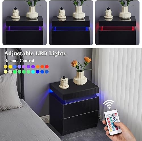 Miniatura 4 de TUKAILAi Juego de 2 mesitas de noche modernas con luz LED, 2 cajones de alto brillo, mesita de noche para dormitorio, sala de estar (negro)