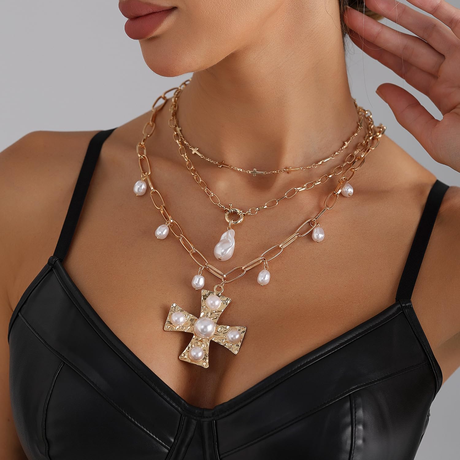 Layered Gold Necklaces for Women Cross Stack Necklaces Bohemian Bead Pearl Y Long Pendant Necklace Christmas Accessorie Jewelry - Image 4