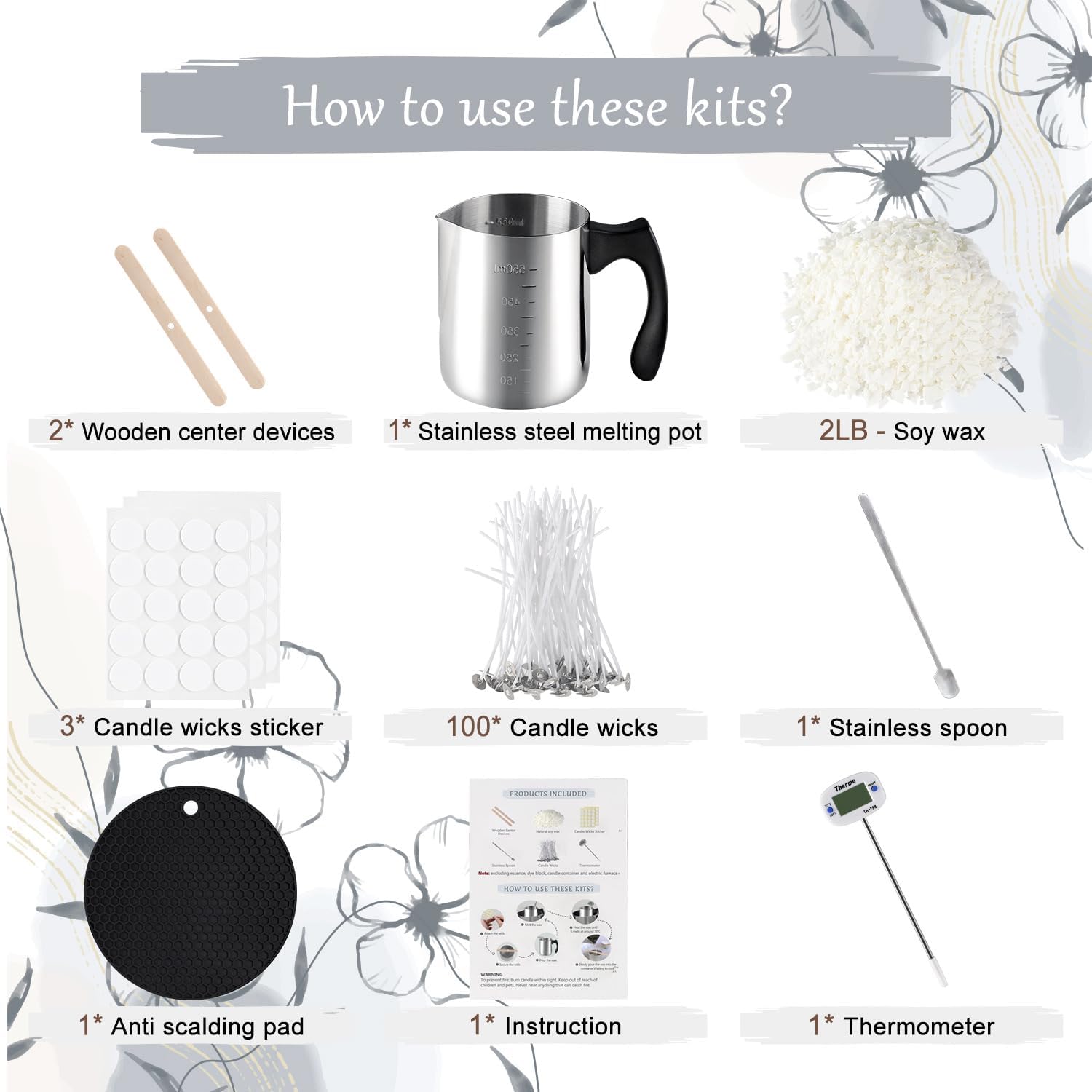 Wfmolcand Candle Making Kit with Hot Plate for Melting Wax,Including 2 LB Soy Wax, Melting Pot,5 Inch Wick Cotton,3-Hole Wicks Holder, Wick Sticker,Stirring Spoon,Thermometer,Anti-hot Silicone Mat…