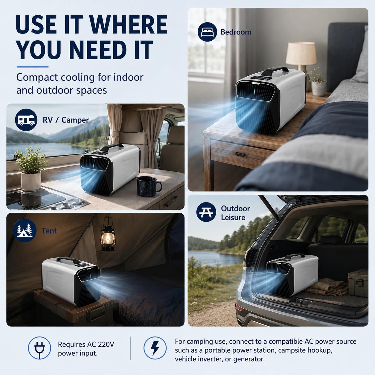 Condizionatore Portatile Stile Inverter per Casa e Camping | Design raffreddamento efficiente, formato viaggio compatto, collegamento AC, 4 modalità, ambiente estivo confortevole