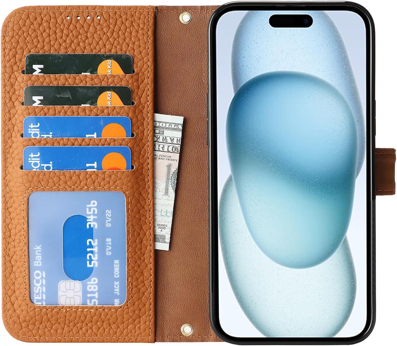 Zouzt Case for iPhone 15 6.1" Genuine Leather Wallet Case with 4 Card Slot, RFID Blocking Card Holder Magnetic Flip Folio Kickstand Shockproof Phone Cover Women Men for iPhone 15 - Amber