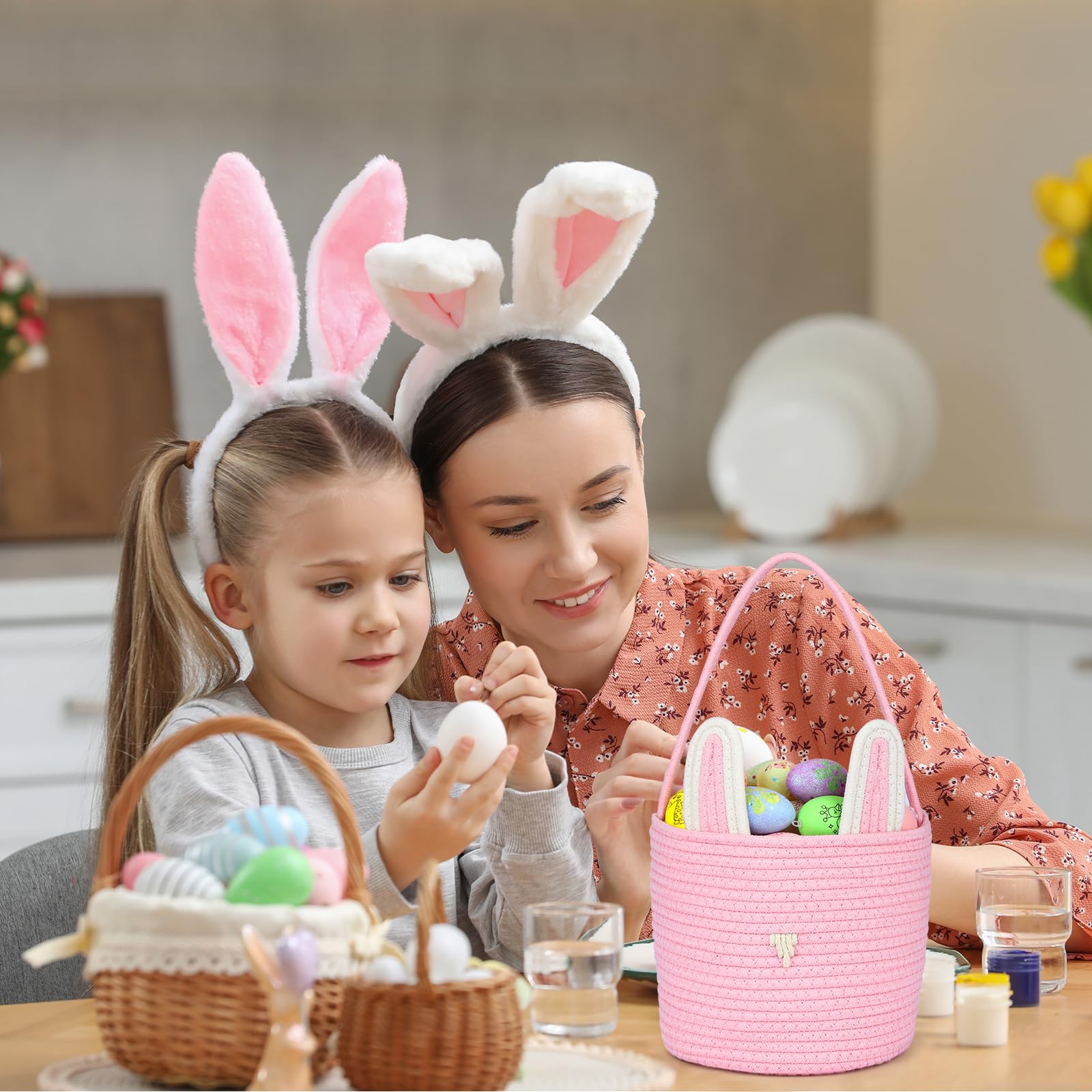 Personalized Easter Basket for Kids with Name - Custom Cute Embroidery Easter Bunny Rope Basket for Boys Girls, Easter Egg Hunt Basket (Pink)