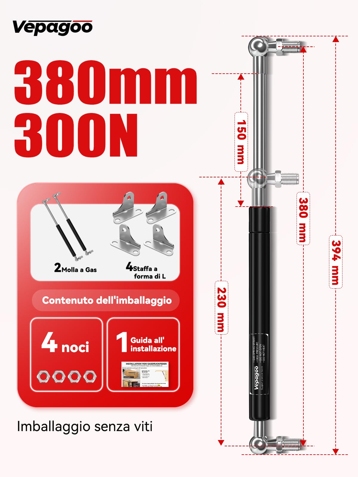 Vepagoo Molla a Gas 380MM 300N/31KG Universale Pistone a Mobili Gas Ammortizzatore, con Supporto a Forma di L per Mobile TV, Letto Contenitore, Finestra, Porte e Altri Progetti DIY, 2 PCS