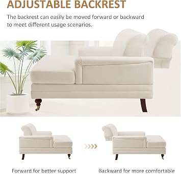 VANOMi Chaise Lounge Indoor with Adjustable 37.8 Deep Backrest Chenille Chaise Lounge Couch for Indoor Use in Apartment, Bedroom, Office, or Living Room (White)