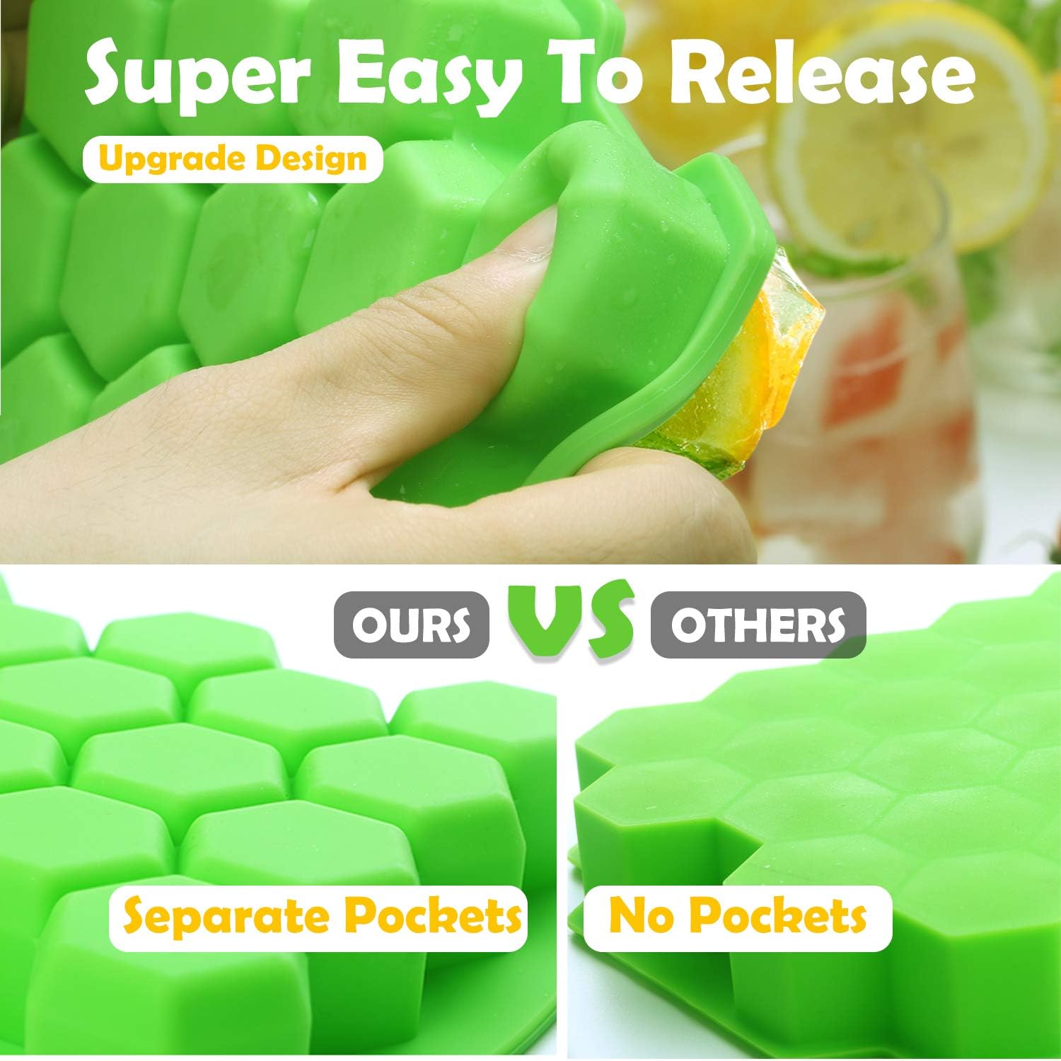 Silicone Ice Cube Trays with Lid - KIPRITII Upgrade 2 Packs Ice Trays Molds with Sealed Lids and Separate Pockets (Green)
