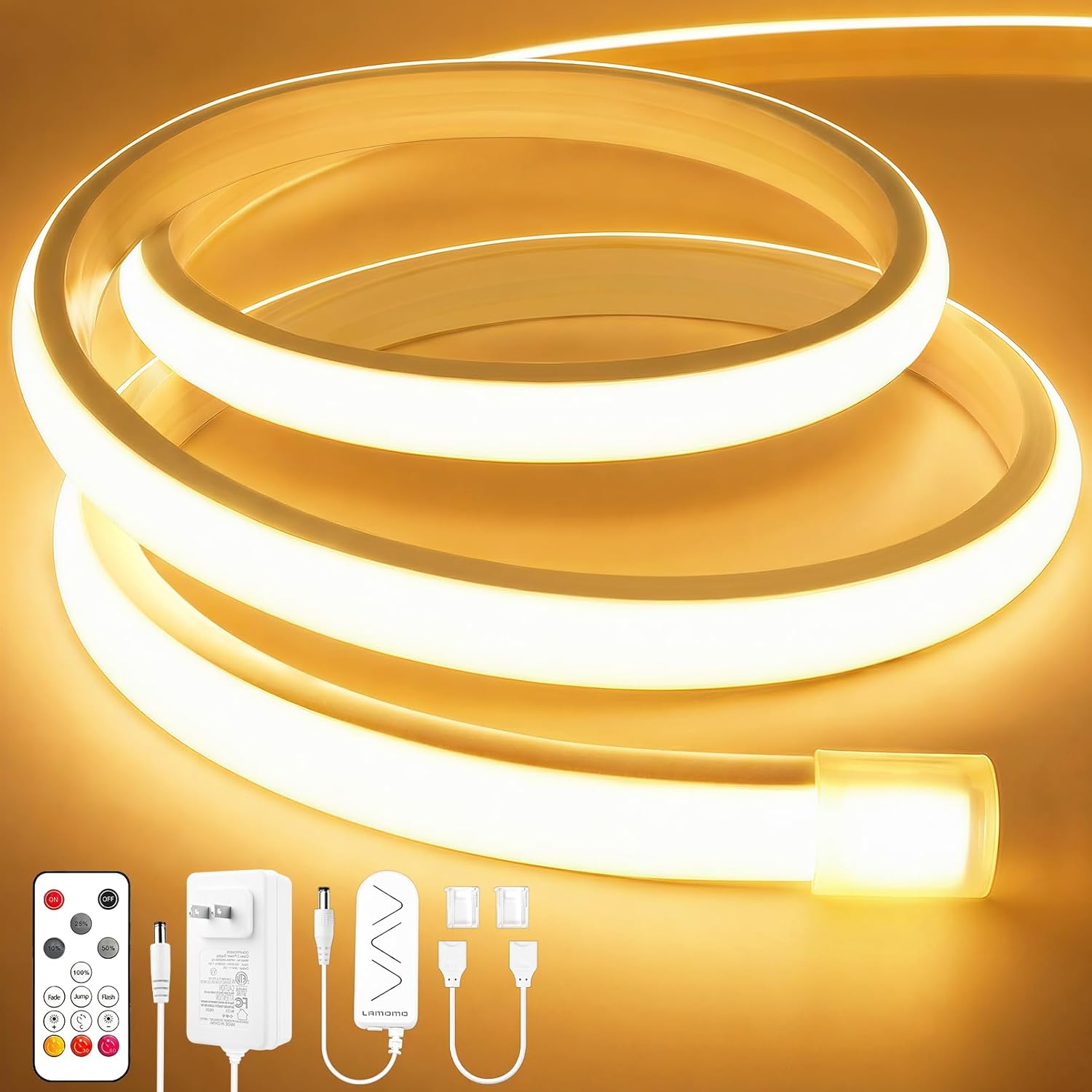 Lamomo COB LED Strip Lights 20Ft, Warm White Dimmable Self-Adhesive Led Rope Light with Remote, Flexible Cuttable Waterproof 3000K Silicone Neon Tape Light for Bedroom, Indoor, Cabinet, 10mm Width