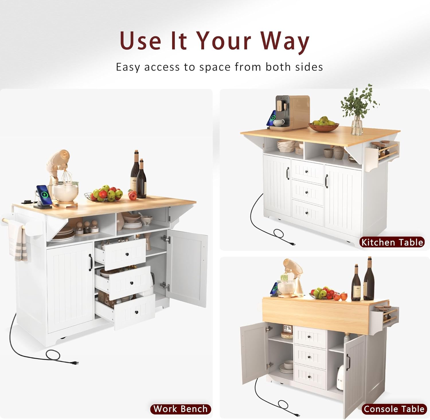 55.75" Expandable Kitchen Island with Drop Leaf Both Sides Table Cart Rolling 3 Drawers 2 Cabinets Door Open Shelf Power Outlet Mobile Prep Station for Kitchen Dining Home White