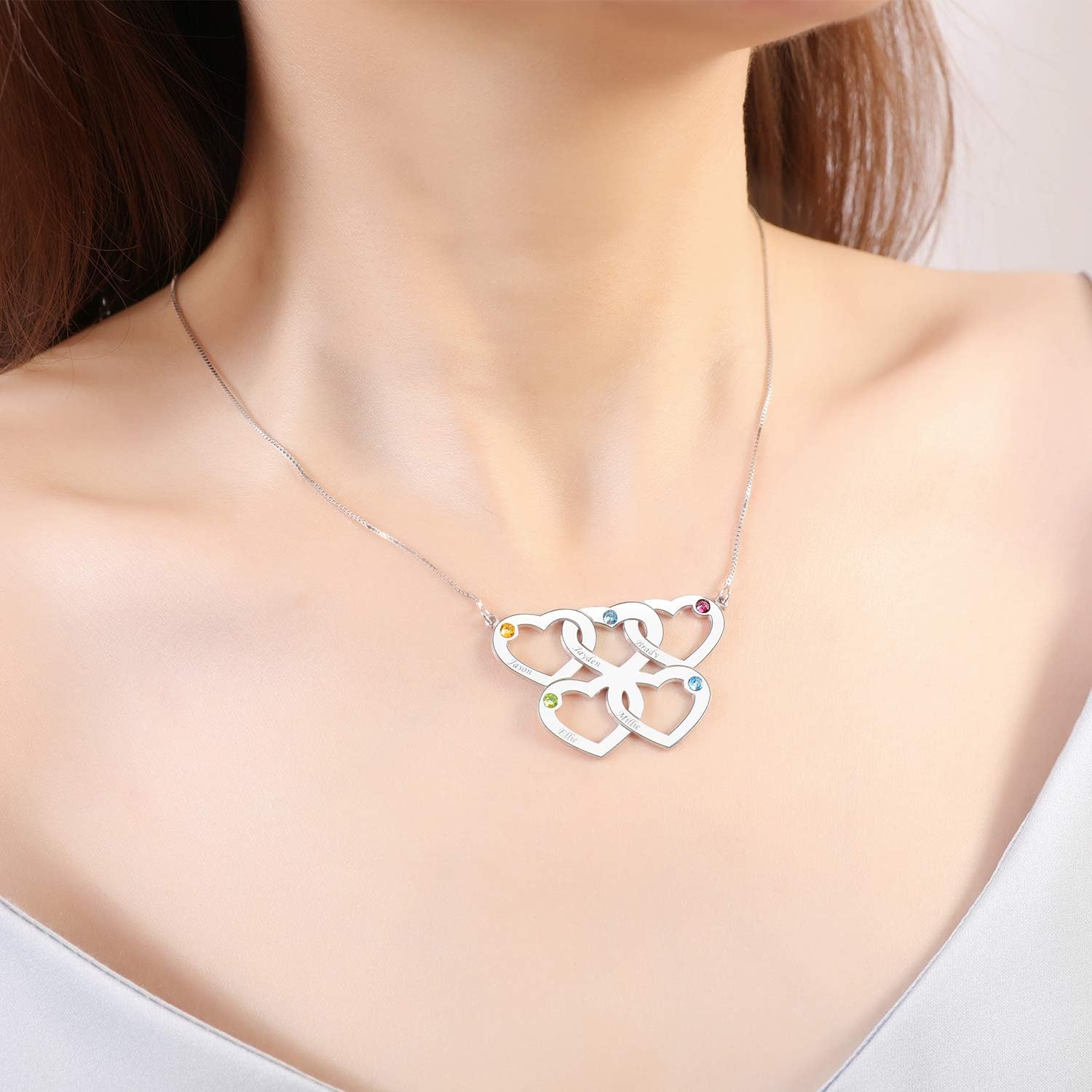 Personalized Intertwined Hearts with 1-5 Birthstones Mother Name Necklace Custom Engraved 1-5 Names Pendant Necklace Jewelry Gift for Mom Grandma