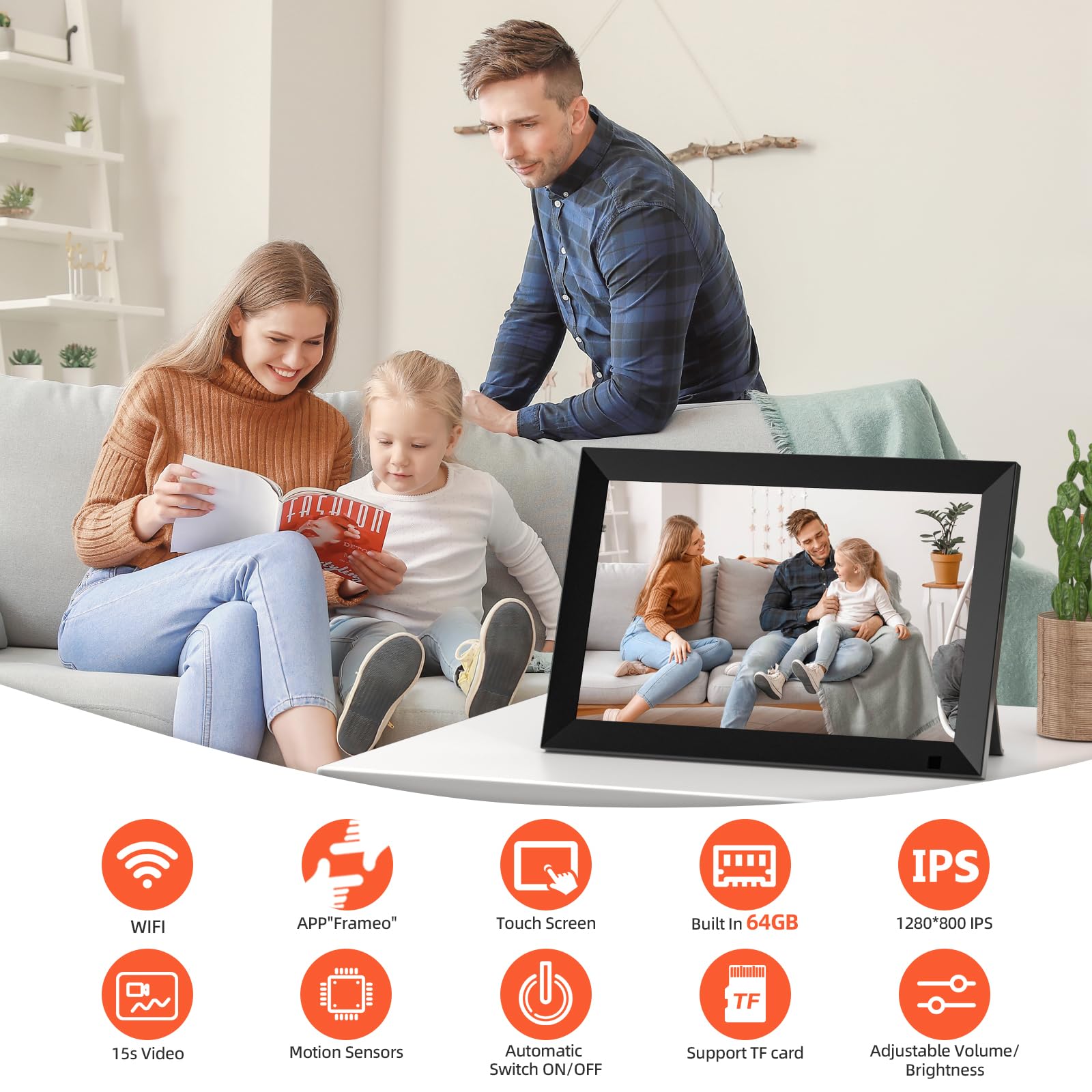 Cadre Photo Numérique WiFi de 10,1 Pouces, Mémoire Intégrée de 64 Go, Écran Tactile IPS LCD de 1280x800, Rotation Automatique et Fonction Audio, Partage à Distance de Photos et Vidéos