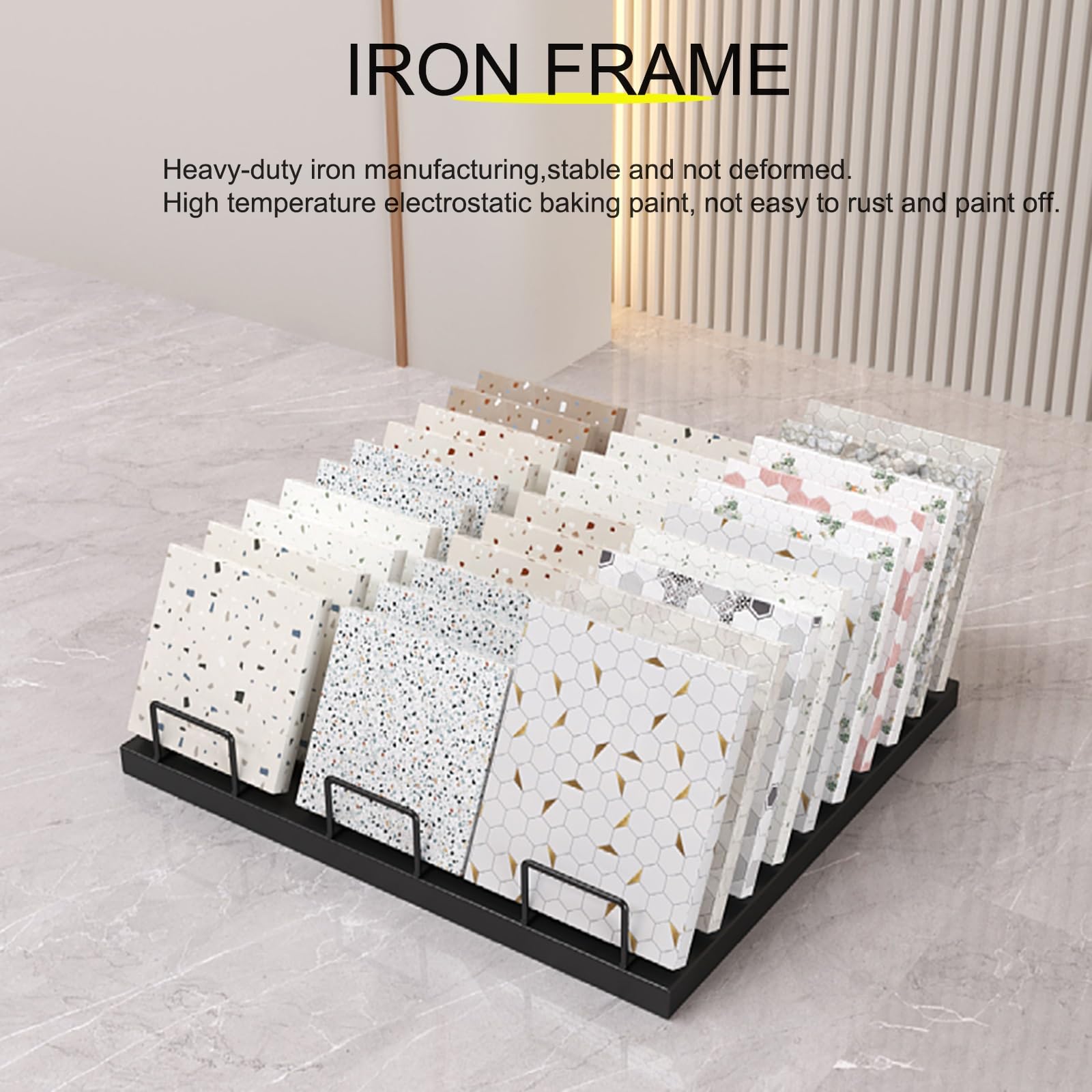 Expositor de muestras de Azulejos Dorado de Gran Capacidad. Estante Organizador con Ranuras para Plantillas de Vidrio y muestras de Suelo a Granel, Ideal para Salas de exposiciones (50 cm).