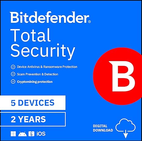 Bitdefender Total Security - 5 Devices | 2 year Subscription | PC/Mac | Activation Code by email